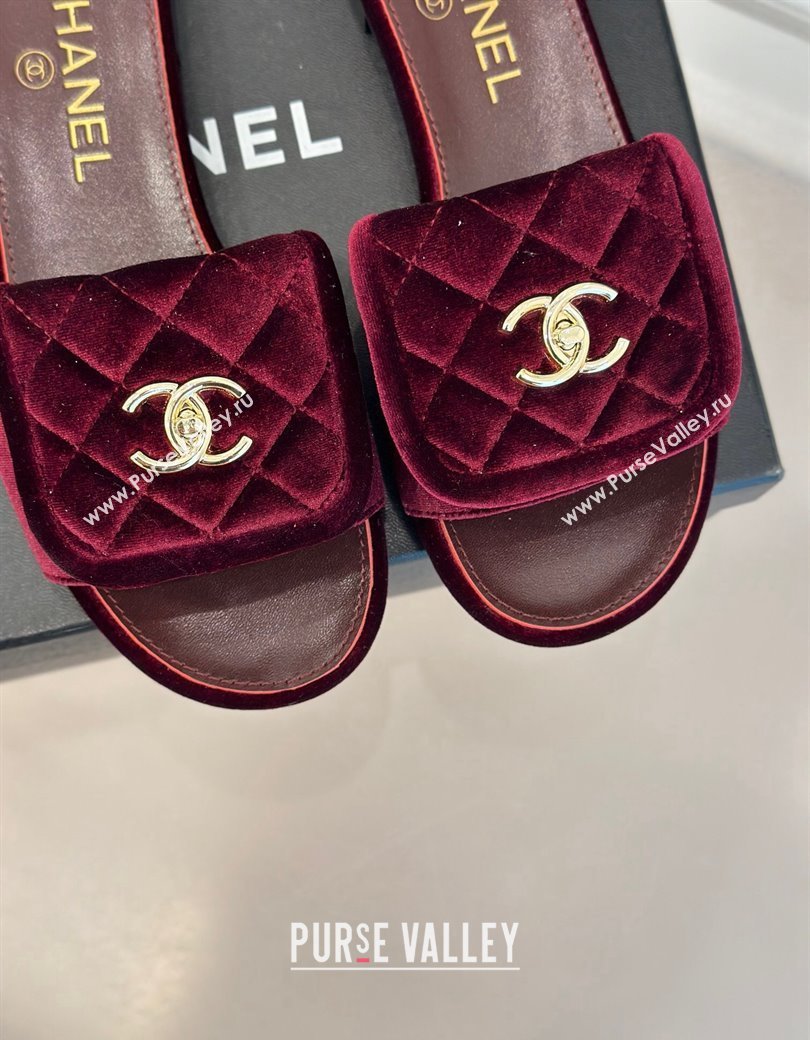 Chanel Velvet Flat Slides Sandal with Quilted CC Foldover G45474 Burgundy 2024 (MD-241120087)