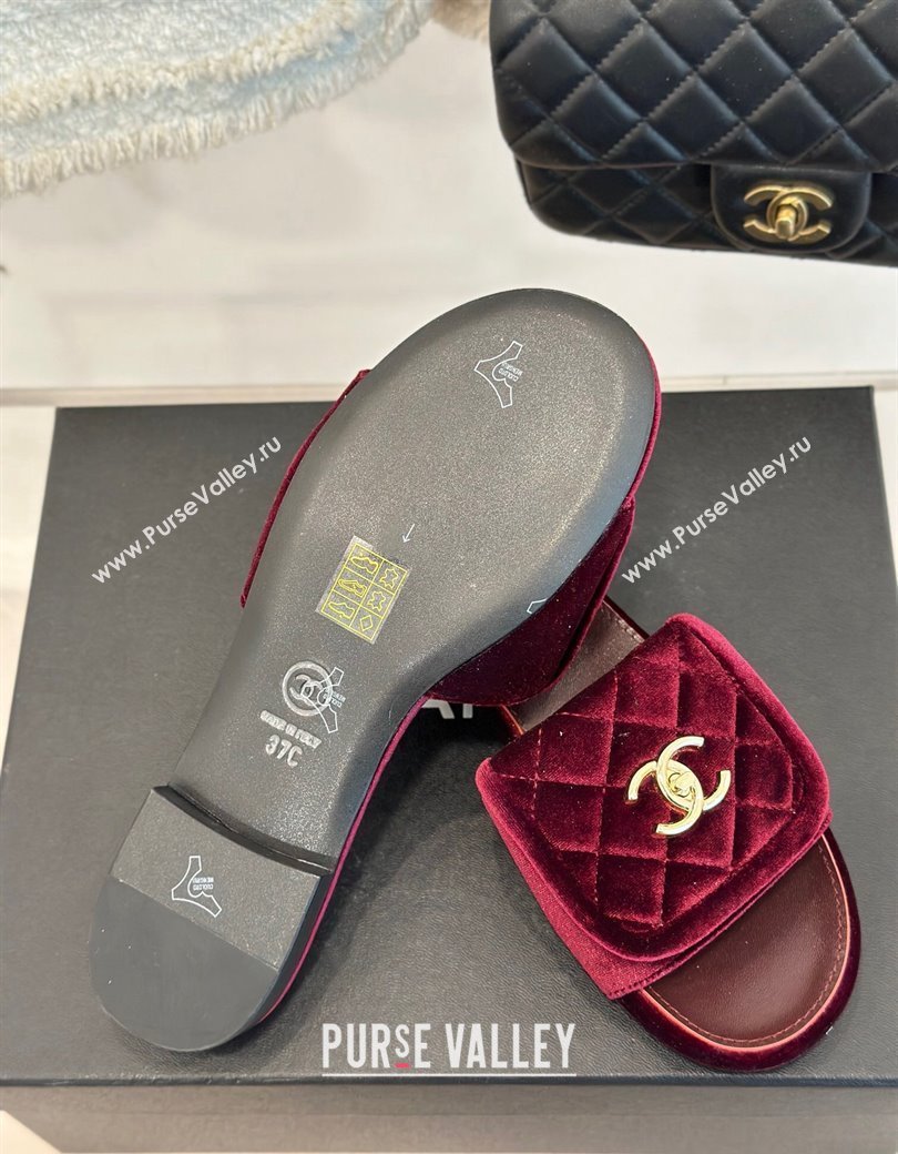 Chanel Velvet Flat Slides Sandal with Quilted CC Foldover G45474 Burgundy 2024 (MD-241120087)