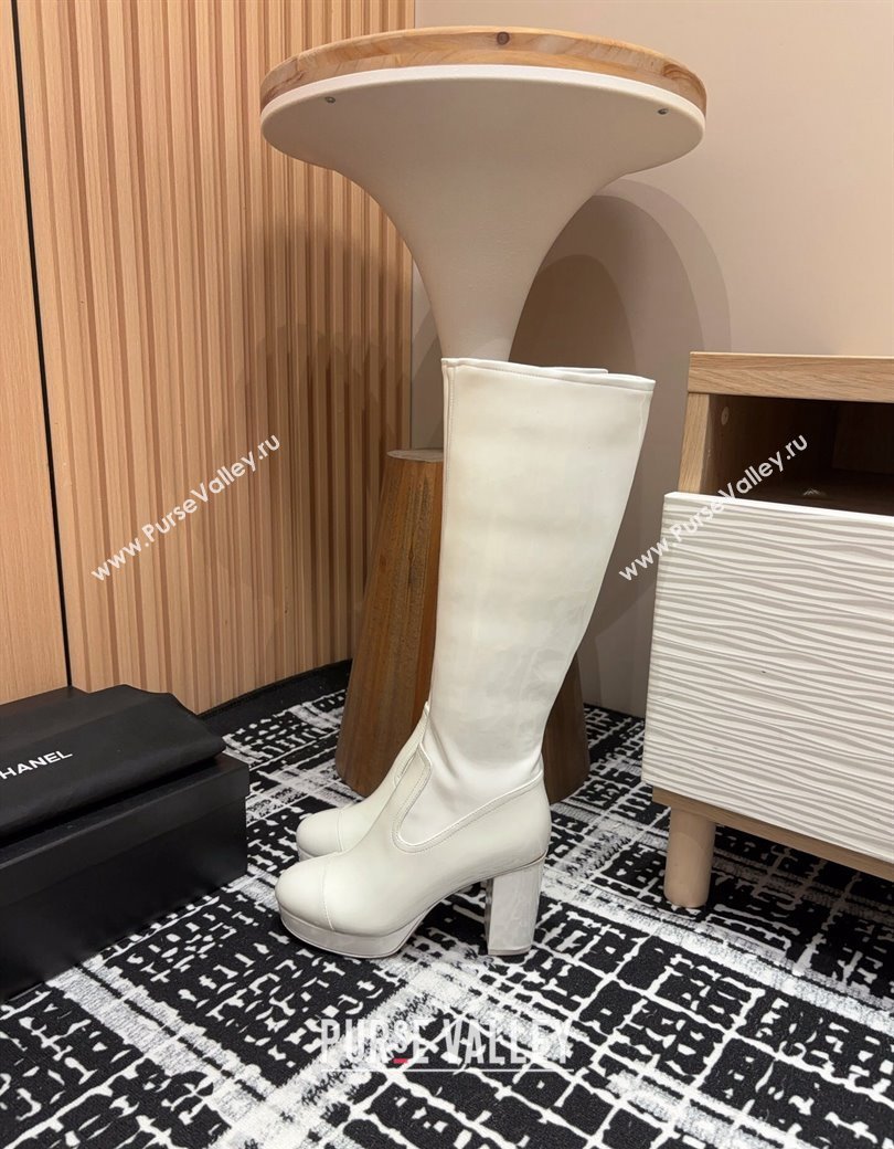 Chanel Stretch Patent Calfskin High Platform Boots 9cm White 2024 CH112110 (SS-241121063)