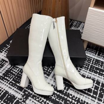 Chanel Stretch Patent Calfskin High Platform Boots 9cm White 2024 CH112110 (SS-241121063)