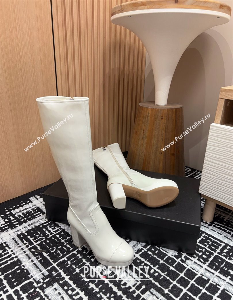 Chanel Stretch Patent Calfskin High Platform Boots 9cm White 2024 CH112110 (SS-241121063)