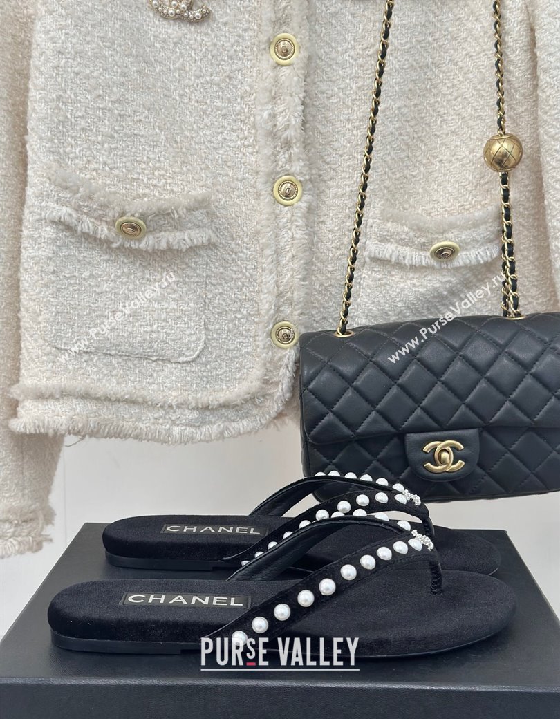 Chanel Velvet Flat Thongs Sandal with Pearls G46205 Black 2024 (MD-241121175)