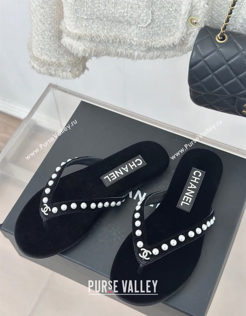 Chanel Velvet Flat Thongs Sandal with Pearls G46205 Black 2024 (MD-241121175)