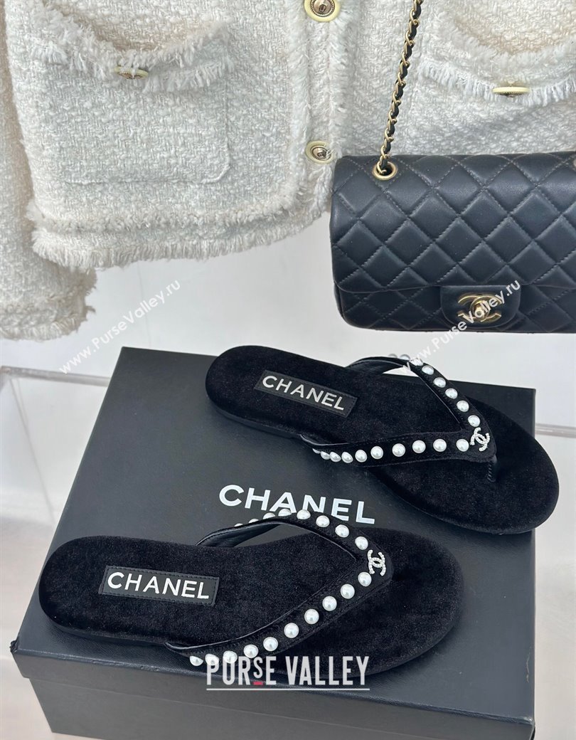 Chanel Velvet Flat Thongs Sandal with Pearls G46205 Black 2024 (MD-241121175)