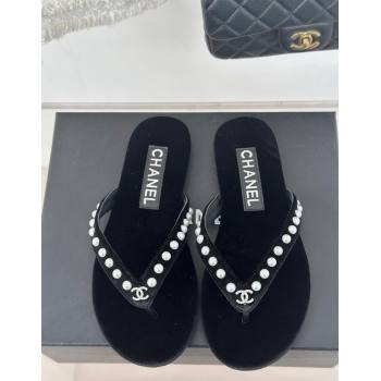 Chanel Velvet Flat Thongs Sandal with Pearls G46205 Black 2024 (MD-241121175)