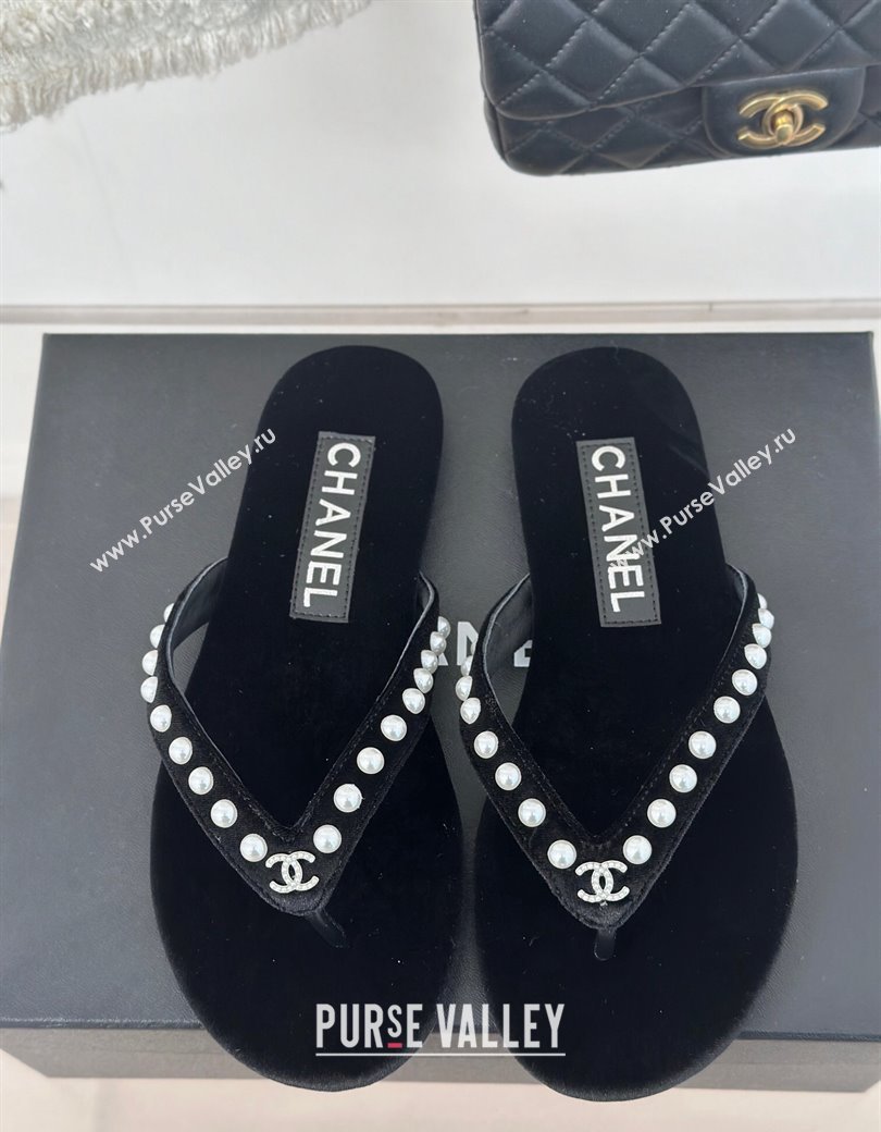 Chanel Velvet Flat Thongs Sandal with Pearls G46205 Black 2024 (MD-241121175)