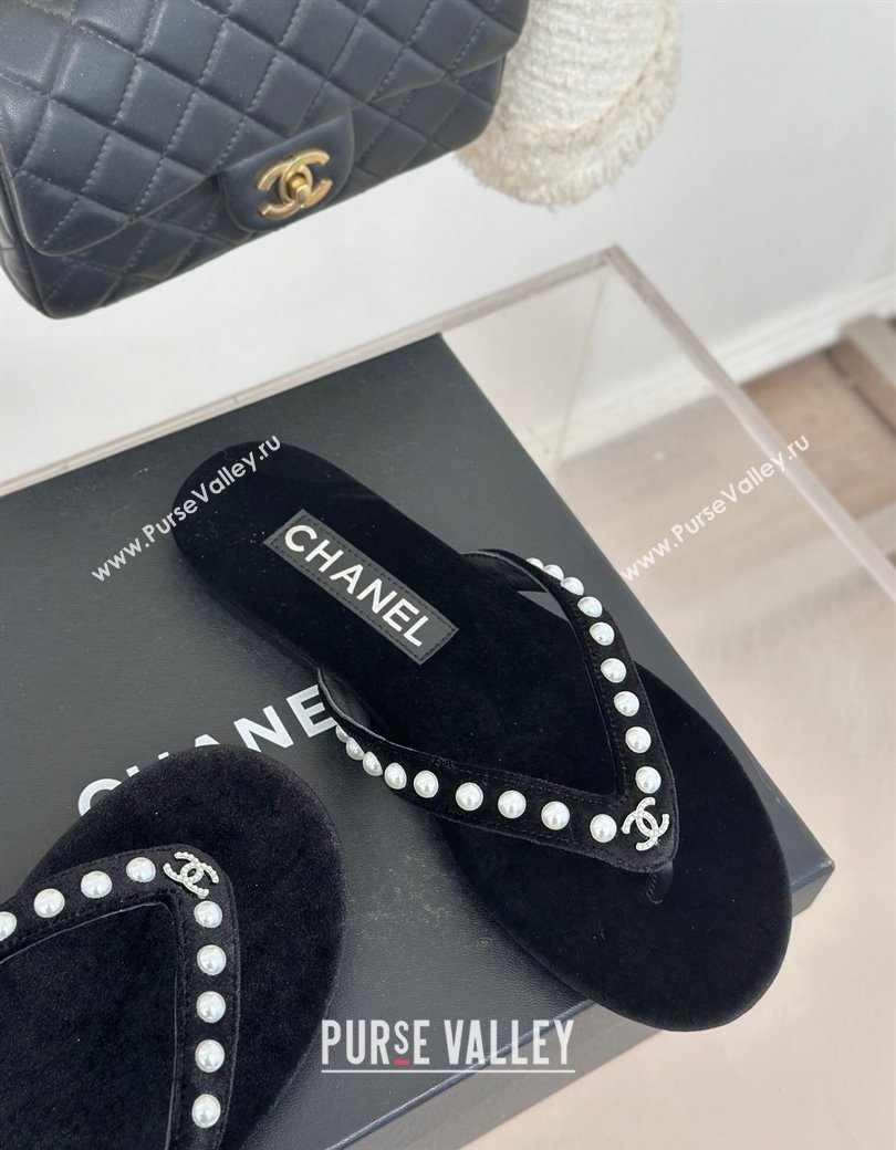 Chanel Velvet Flat Thongs Sandal with Pearls G46205 Black 2024 (MD-241121175)