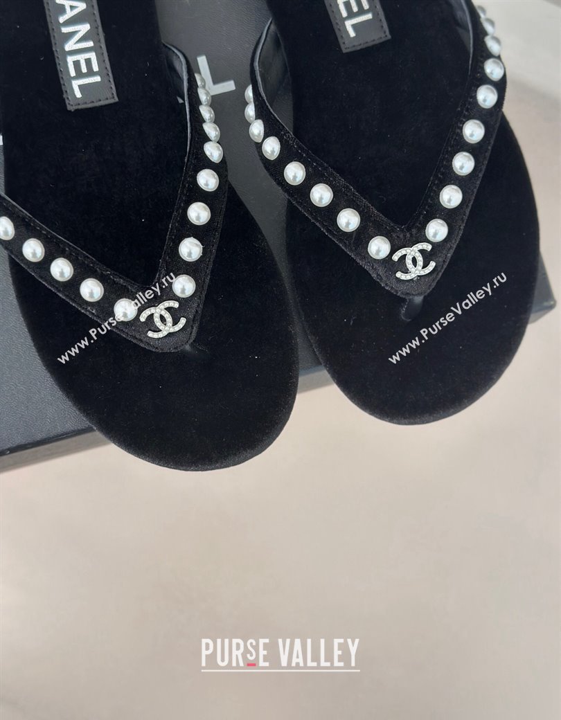 Chanel Velvet Flat Thongs Sandal with Pearls G46205 Black 2024 (MD-241121175)