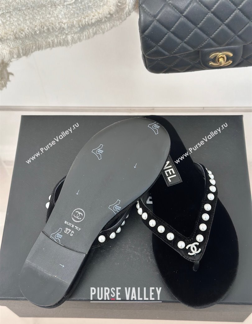 Chanel Velvet Flat Thongs Sandal with Pearls G46205 Black 2024 (MD-241121175)