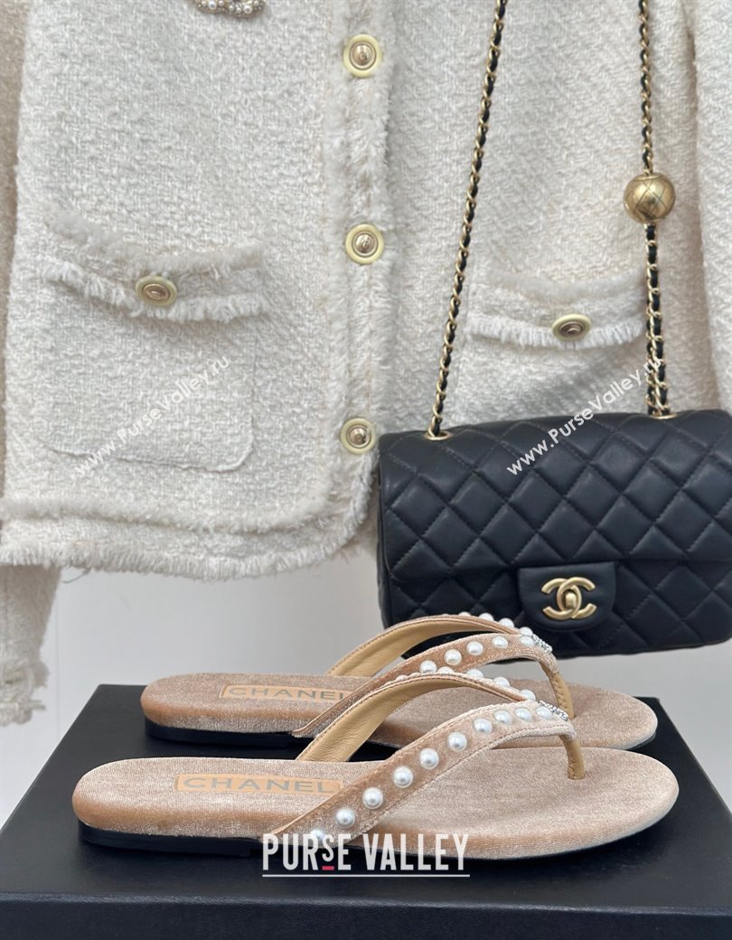 Chanel Velvet Flat Thongs Sandal with Pearls G46205 Beige 2024 (MD-241121176)