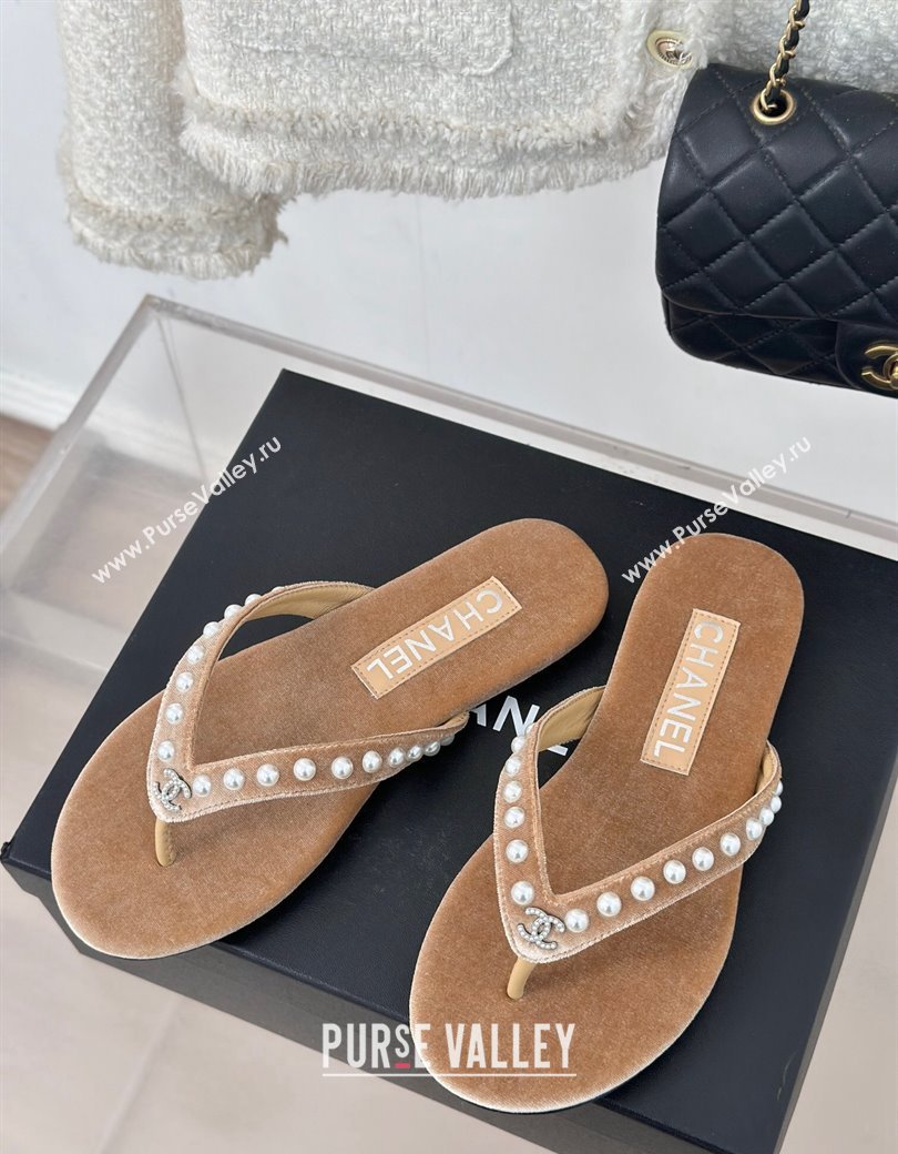 Chanel Velvet Flat Thongs Sandal with Pearls G46205 Beige 2024 (MD-241121176)