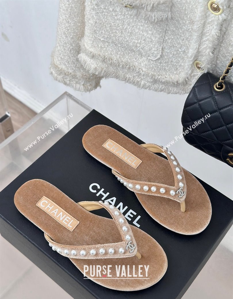 Chanel Velvet Flat Thongs Sandal with Pearls G46205 Beige 2024 (MD-241121176)