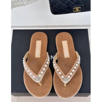 Chanel Velvet Flat Thongs Sandal with Pearls G46205 Beige 2024 (MD-241121176)