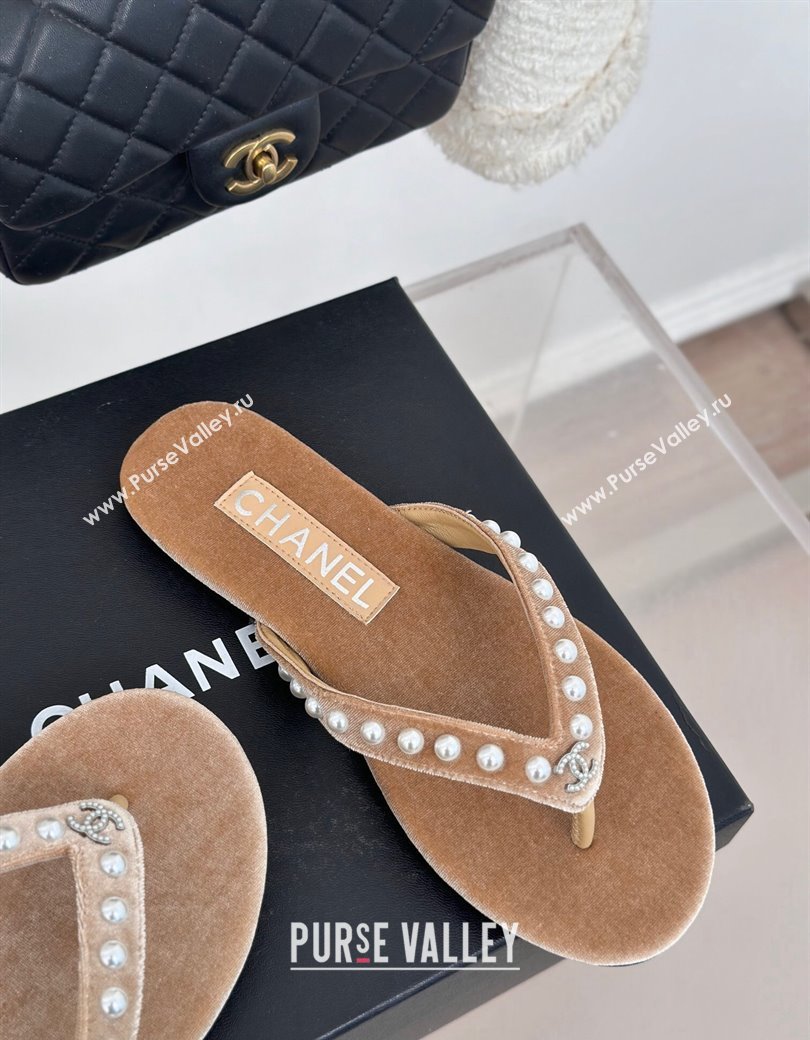 Chanel Velvet Flat Thongs Sandal with Pearls G46205 Beige 2024 (MD-241121176)