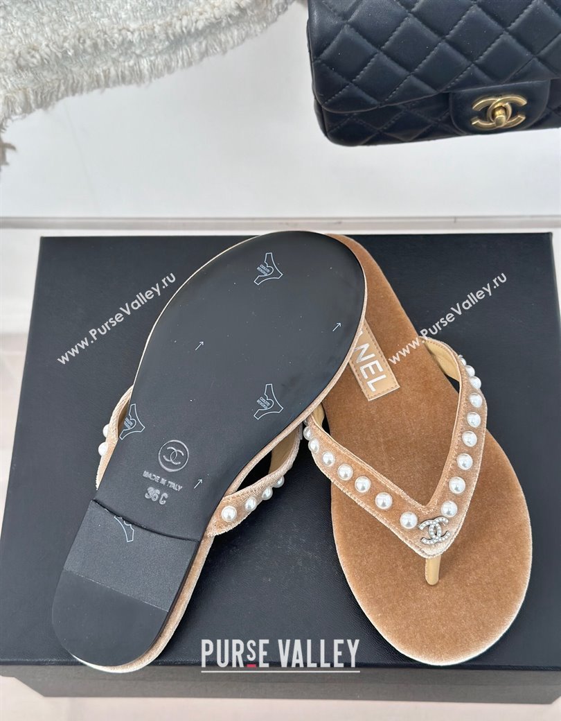 Chanel Velvet Flat Thongs Sandal with Pearls G46205 Beige 2024 (MD-241121176)