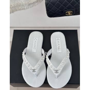 Chanel Velvet Flat Thongs Sandal with Pearls G46205 White 2024 (MD-241121177)