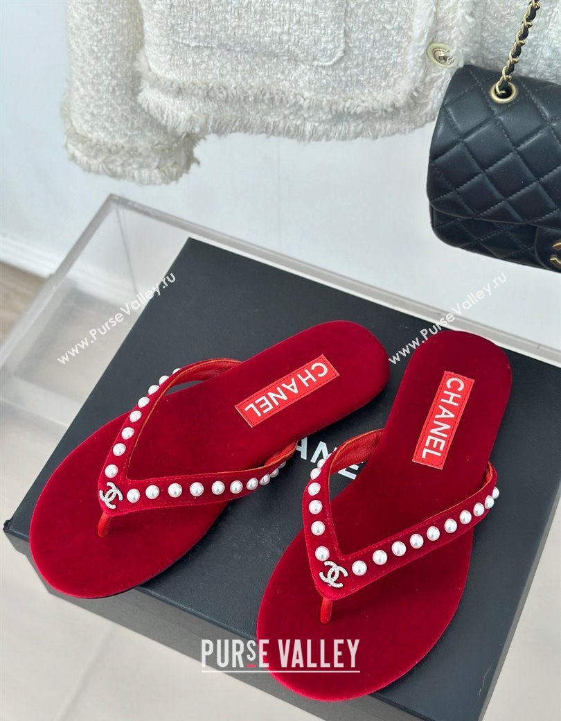 Chanel Velvet Flat Thongs Sandal with Pearls G46205 Red 2024 (MD-241121178)