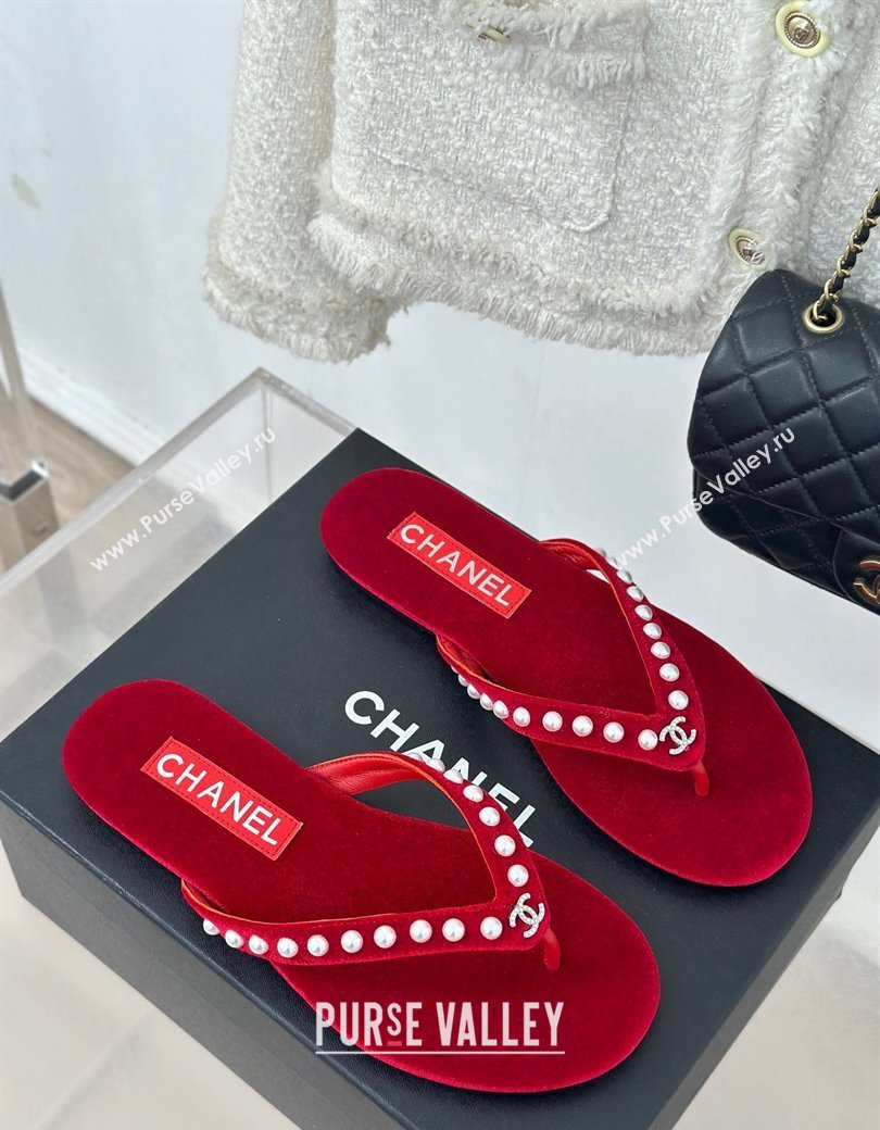 Chanel Velvet Flat Thongs Sandal with Pearls G46205 Red 2024 (MD-241121178)