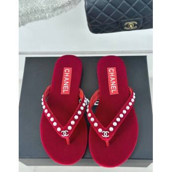 Chanel Velvet Flat Thongs Sandal with Pearls G46205 Red 2024 (MD-241121178)