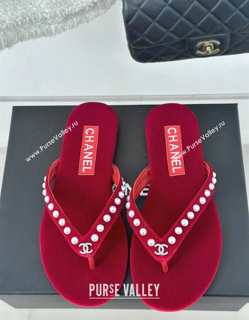 Chanel Velvet Flat Thongs Sandal with Pearls G46205 Red 2024 (MD-241121178)