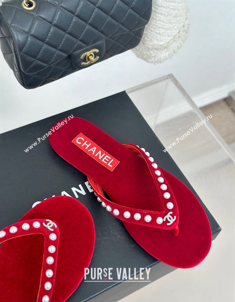 Chanel Velvet Flat Thongs Sandal with Pearls G46205 Red 2024 (MD-241121178)