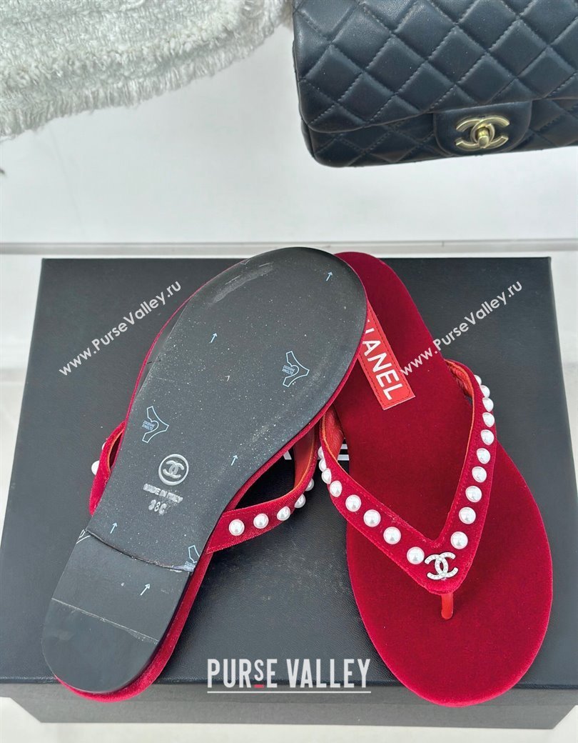 Chanel Velvet Flat Thongs Sandal with Pearls G46205 Red 2024 (MD-241121178)