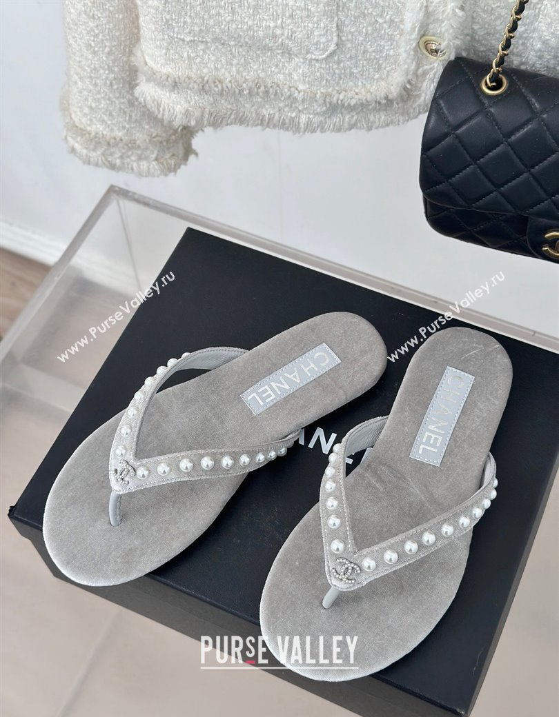 Chanel Velvet Flat Thongs Sandal with Pearls G46205 Grey 2024 (MD-241121179)