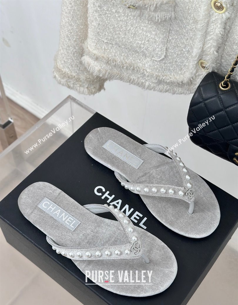 Chanel Velvet Flat Thongs Sandal with Pearls G46205 Grey 2024 (MD-241121179)