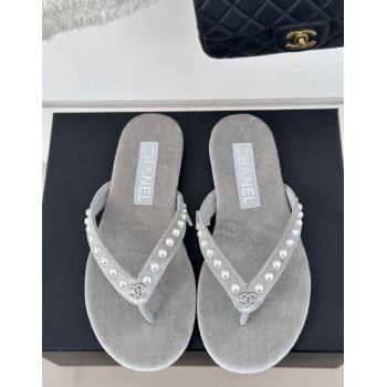 Chanel Velvet Flat Thongs Sandal with Pearls G46205 Grey 2024 (MD-241121179)