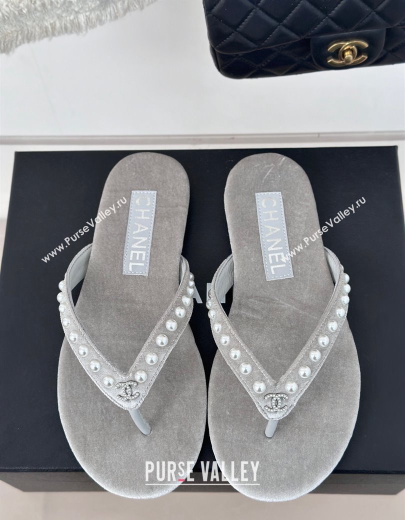 Chanel Velvet Flat Thongs Sandal with Pearls G46205 Grey 2024 (MD-241121179)