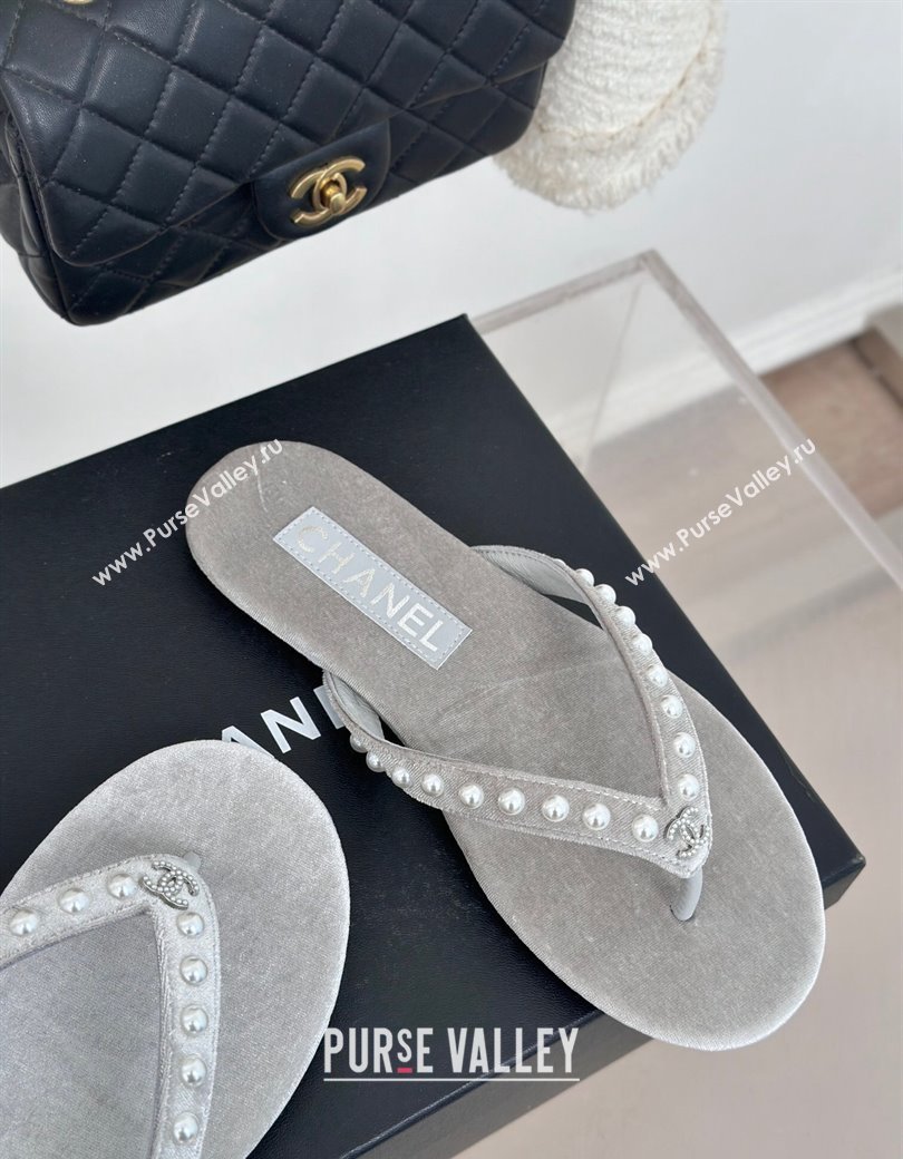 Chanel Velvet Flat Thongs Sandal with Pearls G46205 Grey 2024 (MD-241121179)