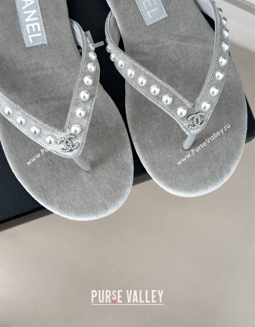 Chanel Velvet Flat Thongs Sandal with Pearls G46205 Grey 2024 (MD-241121179)