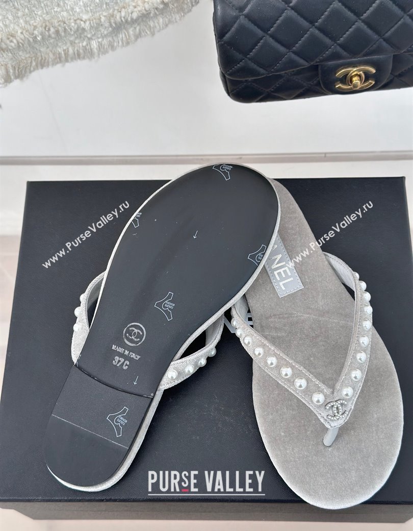 Chanel Velvet Flat Thongs Sandal with Pearls G46205 Grey 2024 (MD-241121179)