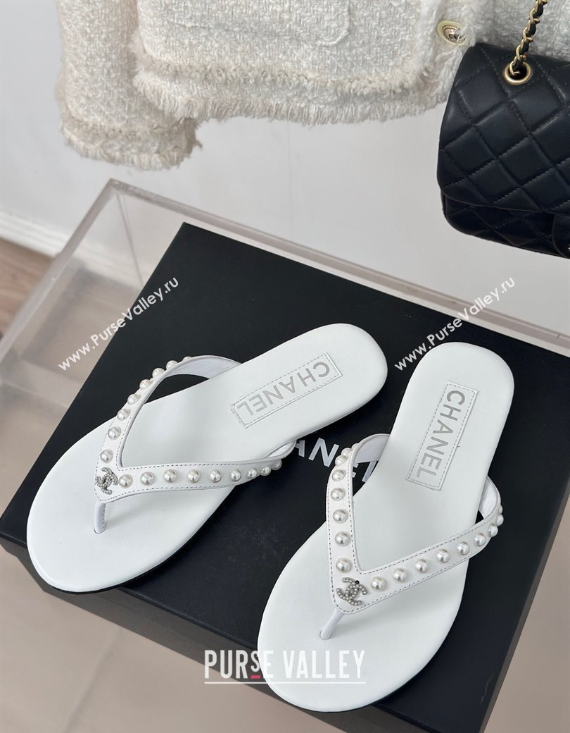 Chanel Calfskin Flat Thongs Sandal with Pearls G46205 White 2024 (MD-241121180)