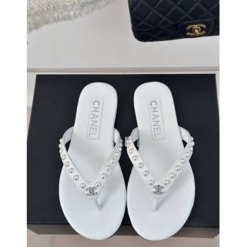 Chanel Calfskin Flat Thongs Sandal with Pearls G46205 White 2024 (MD-241121180)