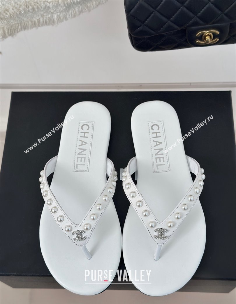 Chanel Calfskin Flat Thongs Sandal with Pearls G46205 White 2024 (MD-241121180)