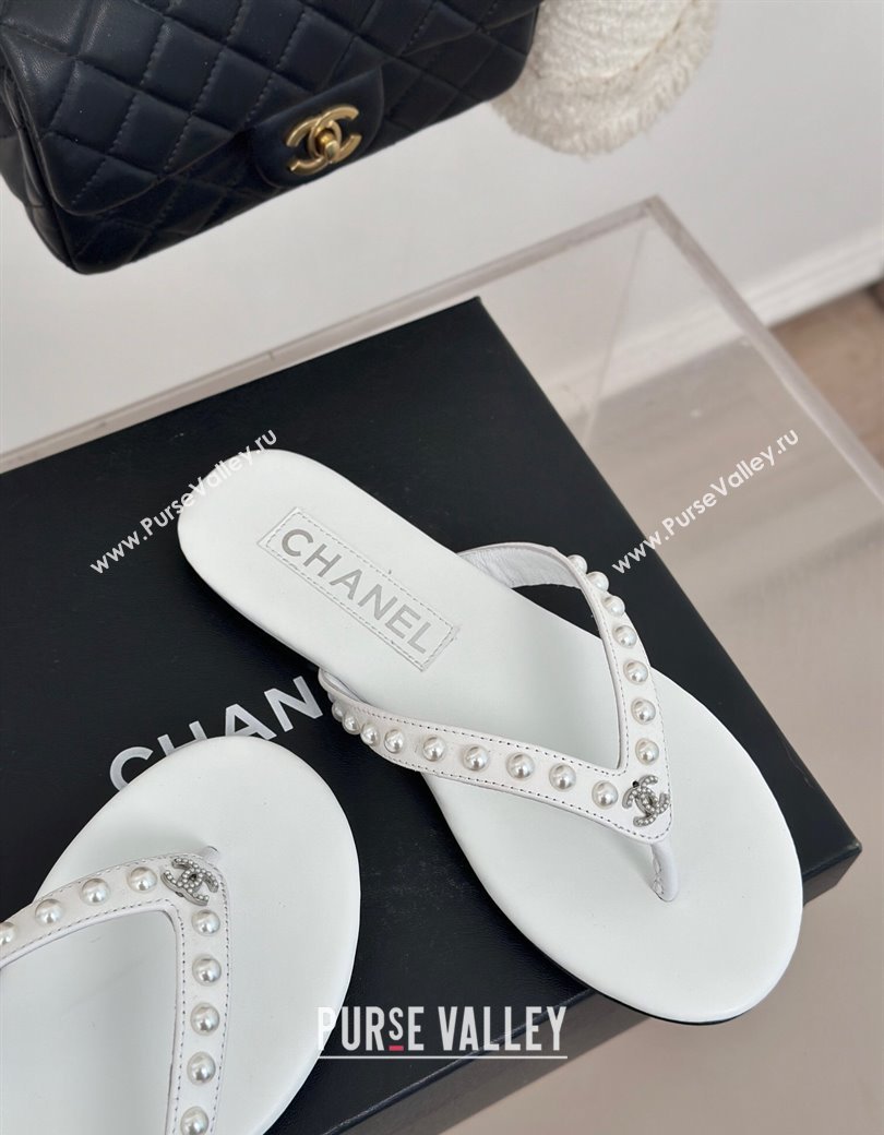 Chanel Calfskin Flat Thongs Sandal with Pearls G46205 White 2024 (MD-241121180)