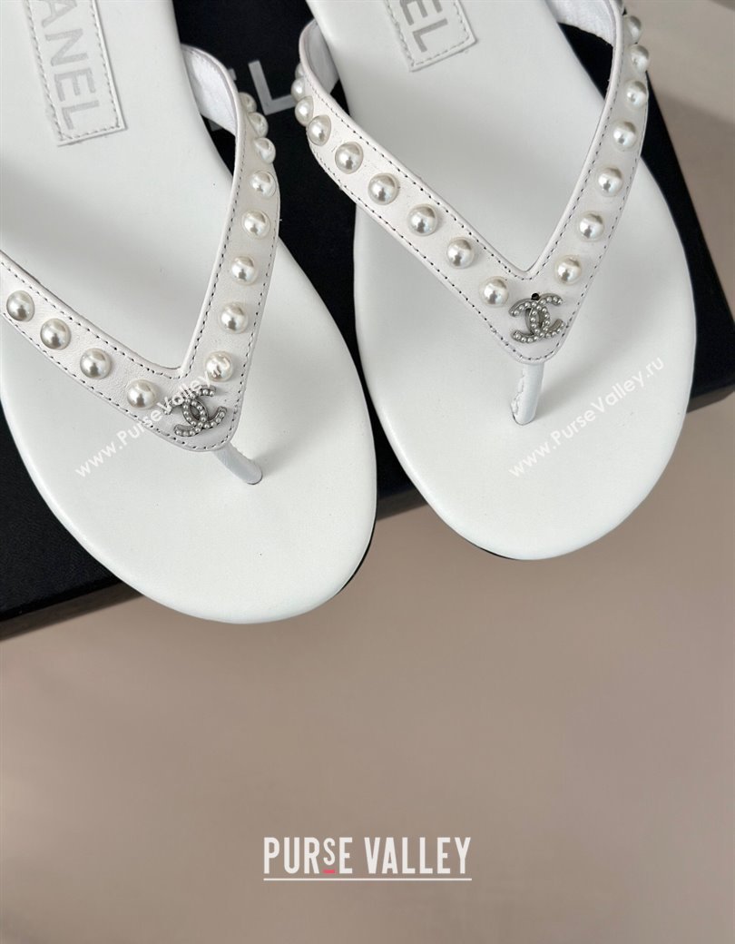 Chanel Calfskin Flat Thongs Sandal with Pearls G46205 White 2024 (MD-241121180)