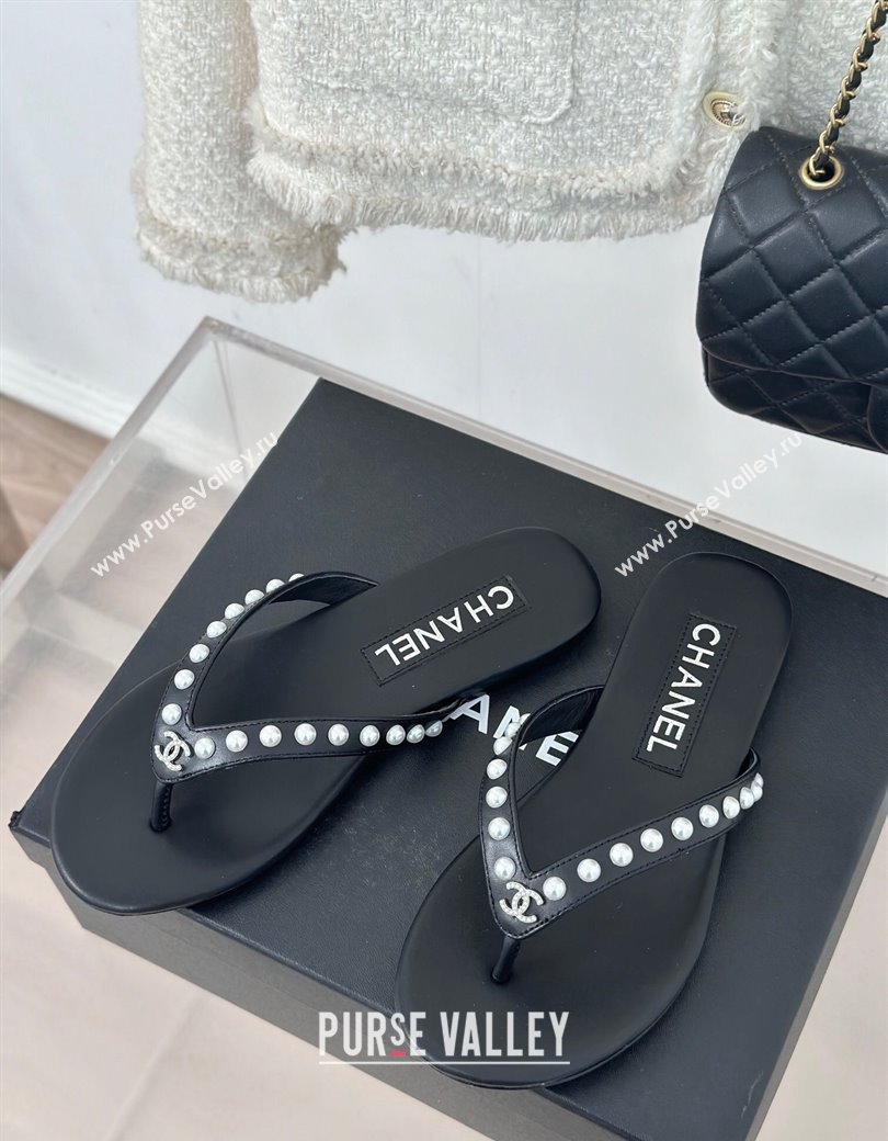 Chanel Calfskin Flat Thongs Sandal with Pearls G46205 Black 2024 (MD-241121181)