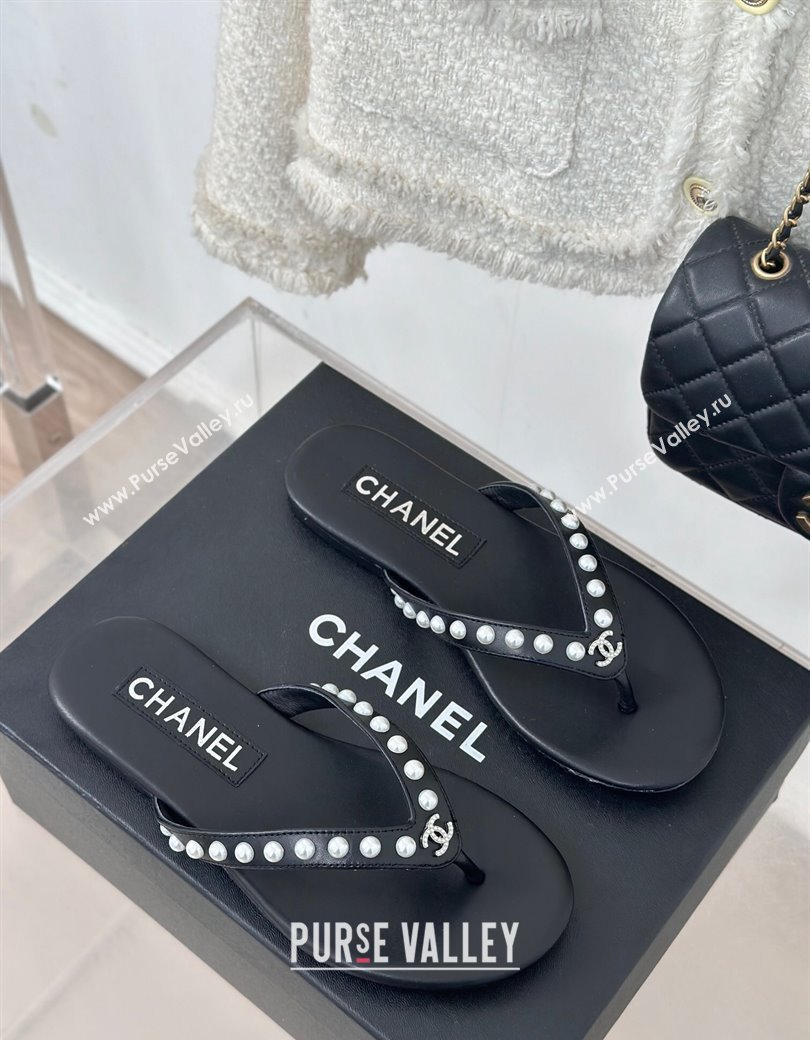 Chanel Calfskin Flat Thongs Sandal with Pearls G46205 Black 2024 (MD-241121181)