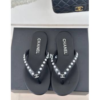 Chanel Calfskin Flat Thongs Sandal with Pearls G46205 Black 2024 (MD-241121181)