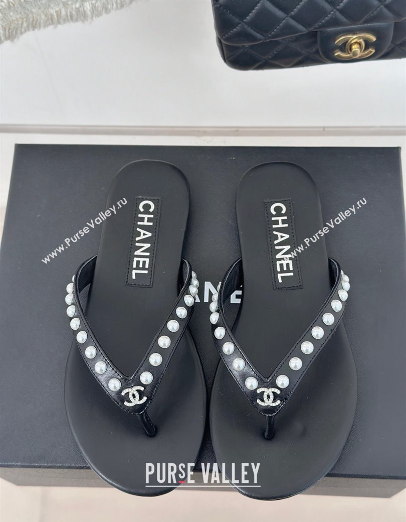 Chanel Calfskin Flat Thongs Sandal with Pearls G46205 Black 2024 (MD-241121181)