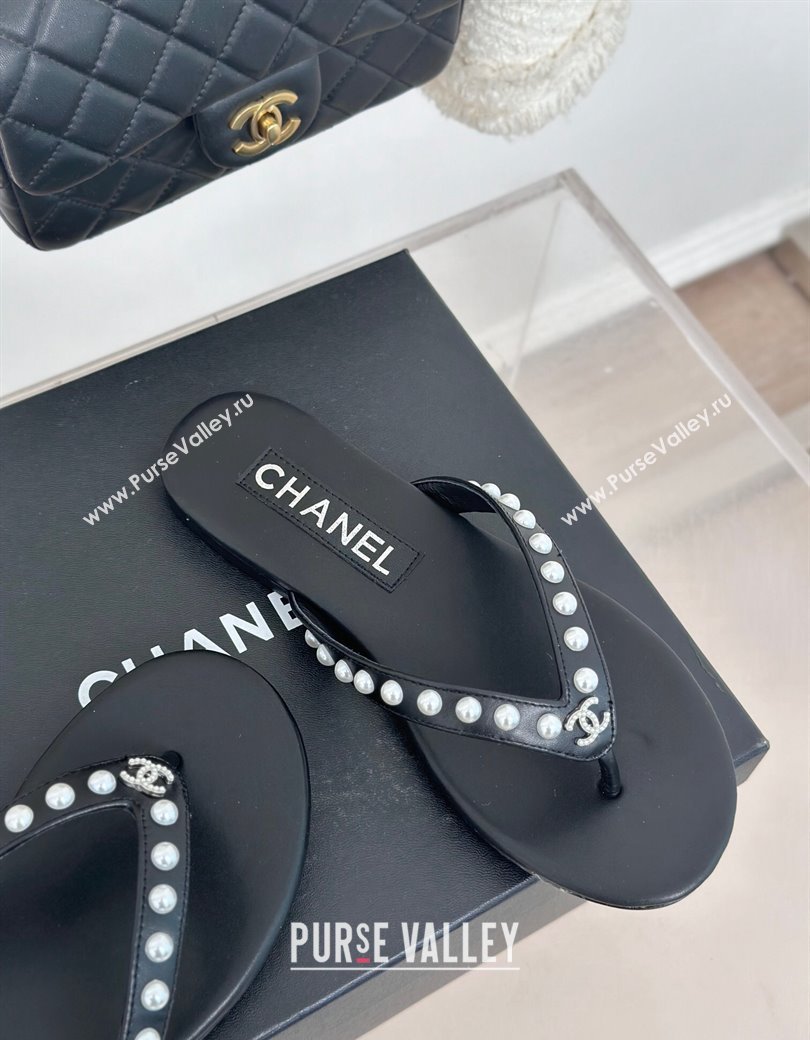 Chanel Calfskin Flat Thongs Sandal with Pearls G46205 Black 2024 (MD-241121181)