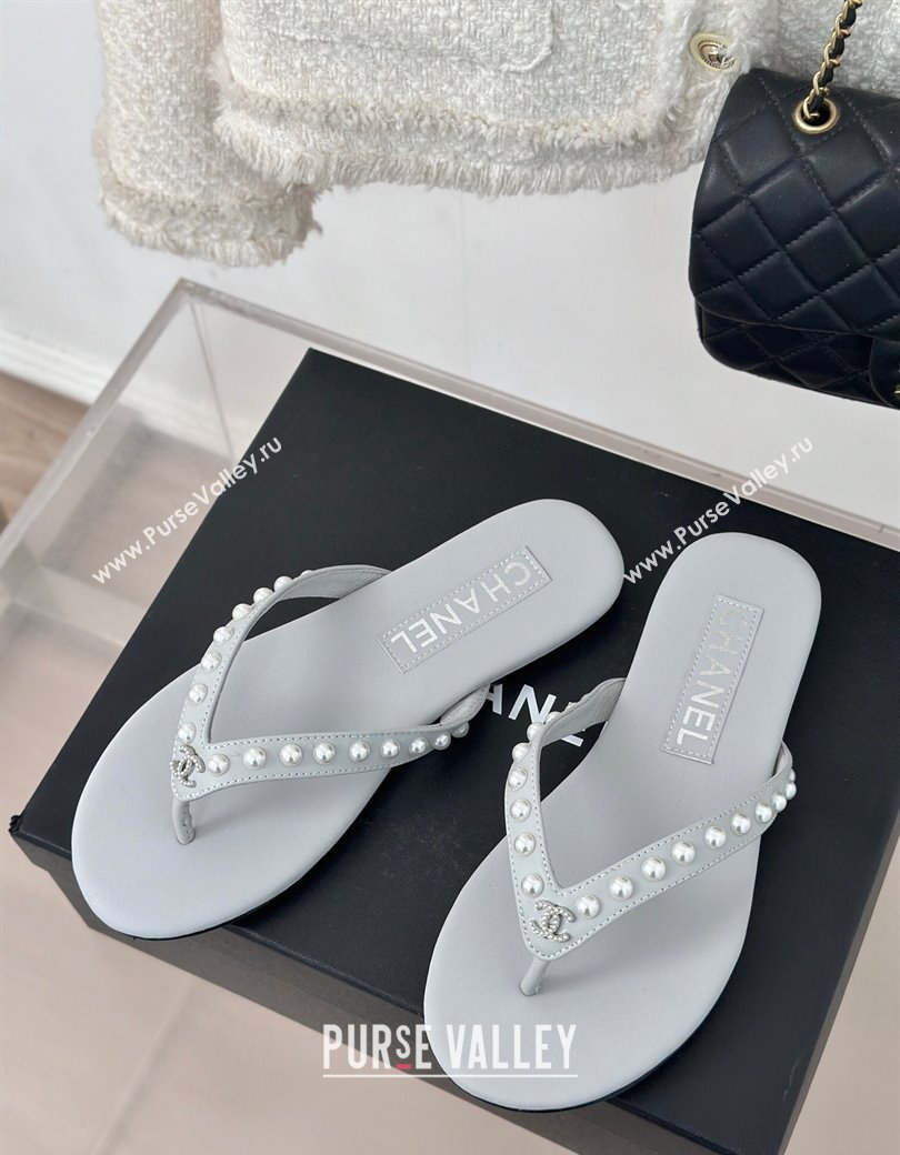 Chanel Calfskin Flat Thongs Sandal with Pearls G46205 Grey 2024 (MD-241121182)