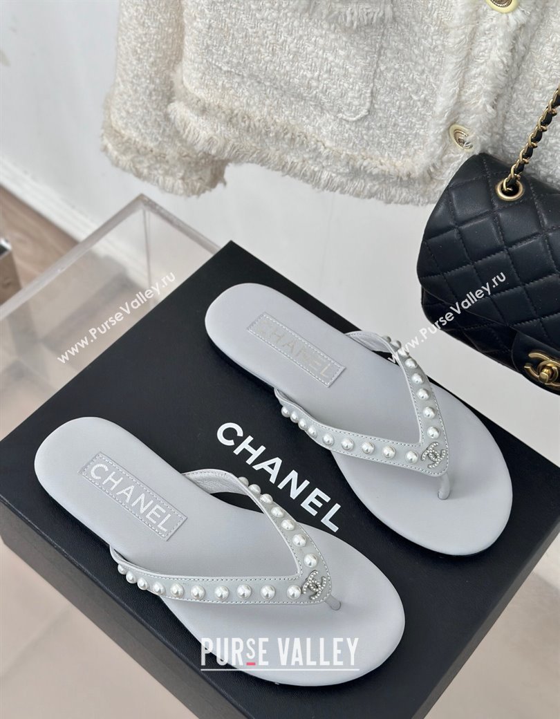 Chanel Calfskin Flat Thongs Sandal with Pearls G46205 Grey 2024 (MD-241121182)