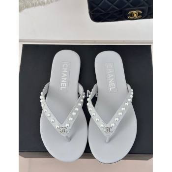 Chanel Calfskin Flat Thongs Sandal with Pearls G46205 Grey 2024 (MD-241121182)