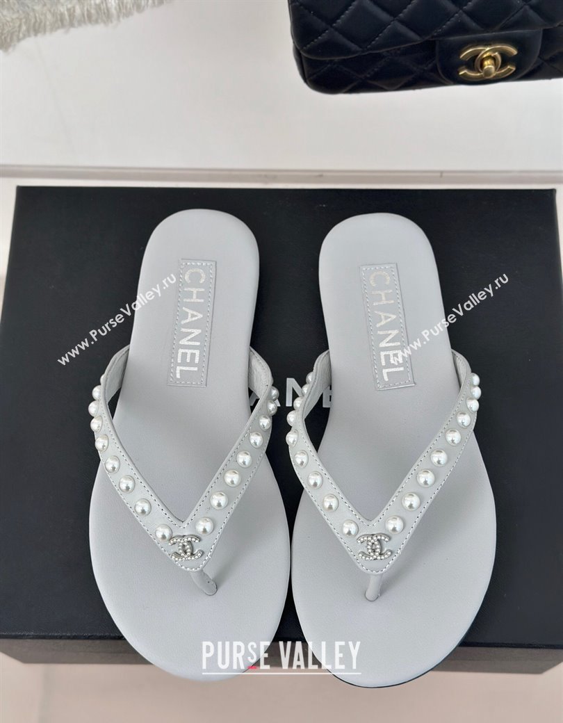 Chanel Calfskin Flat Thongs Sandal with Pearls G46205 Grey 2024 (MD-241121182)