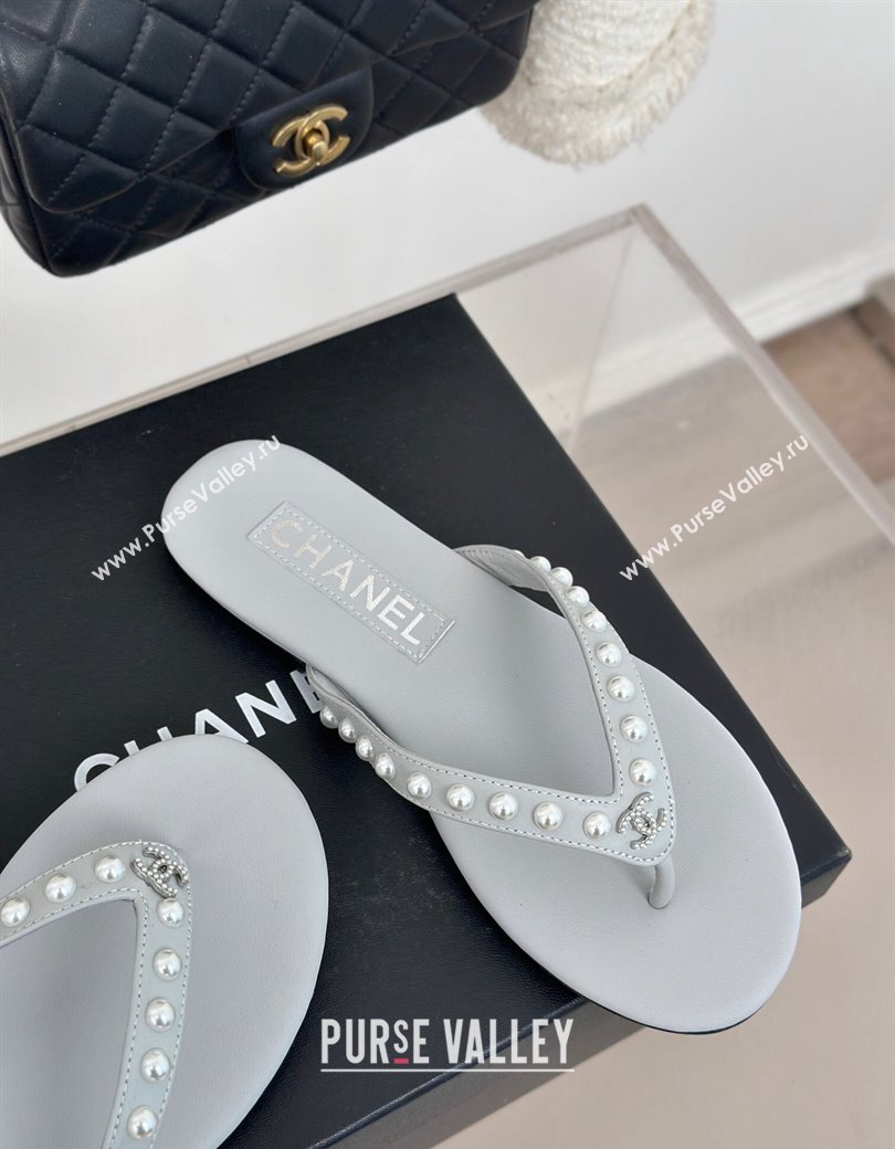 Chanel Calfskin Flat Thongs Sandal with Pearls G46205 Grey 2024 (MD-241121182)