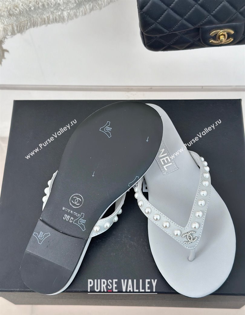 Chanel Calfskin Flat Thongs Sandal with Pearls G46205 Grey 2024 (MD-241121182)