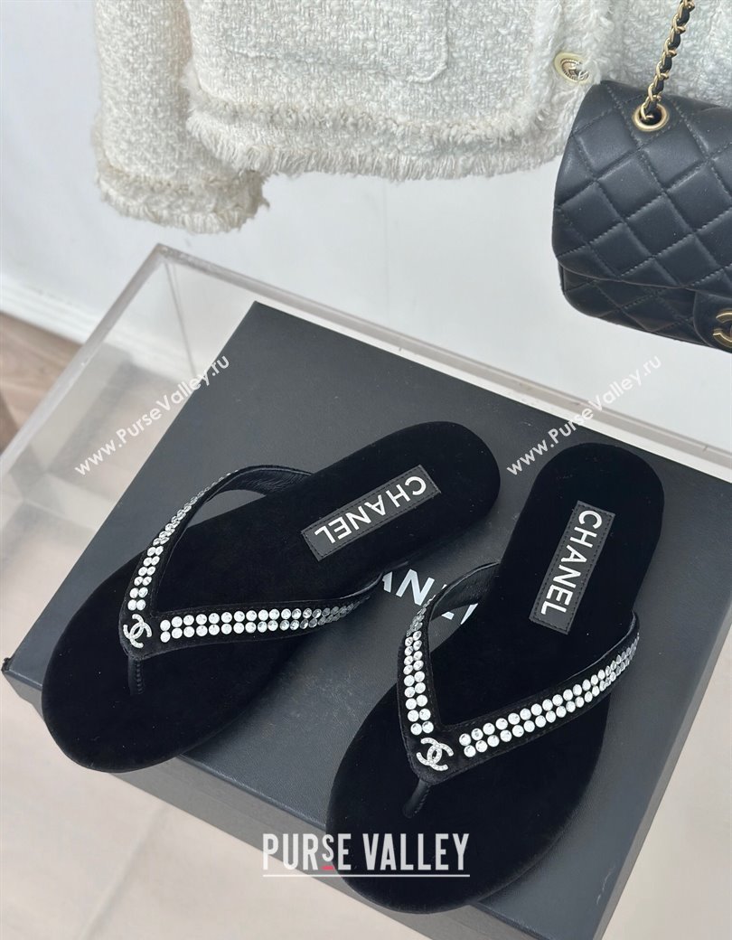 Chanel Velvet Flat Thongs Sandal with Strass G46205 Black 2024 (MD-241121183)